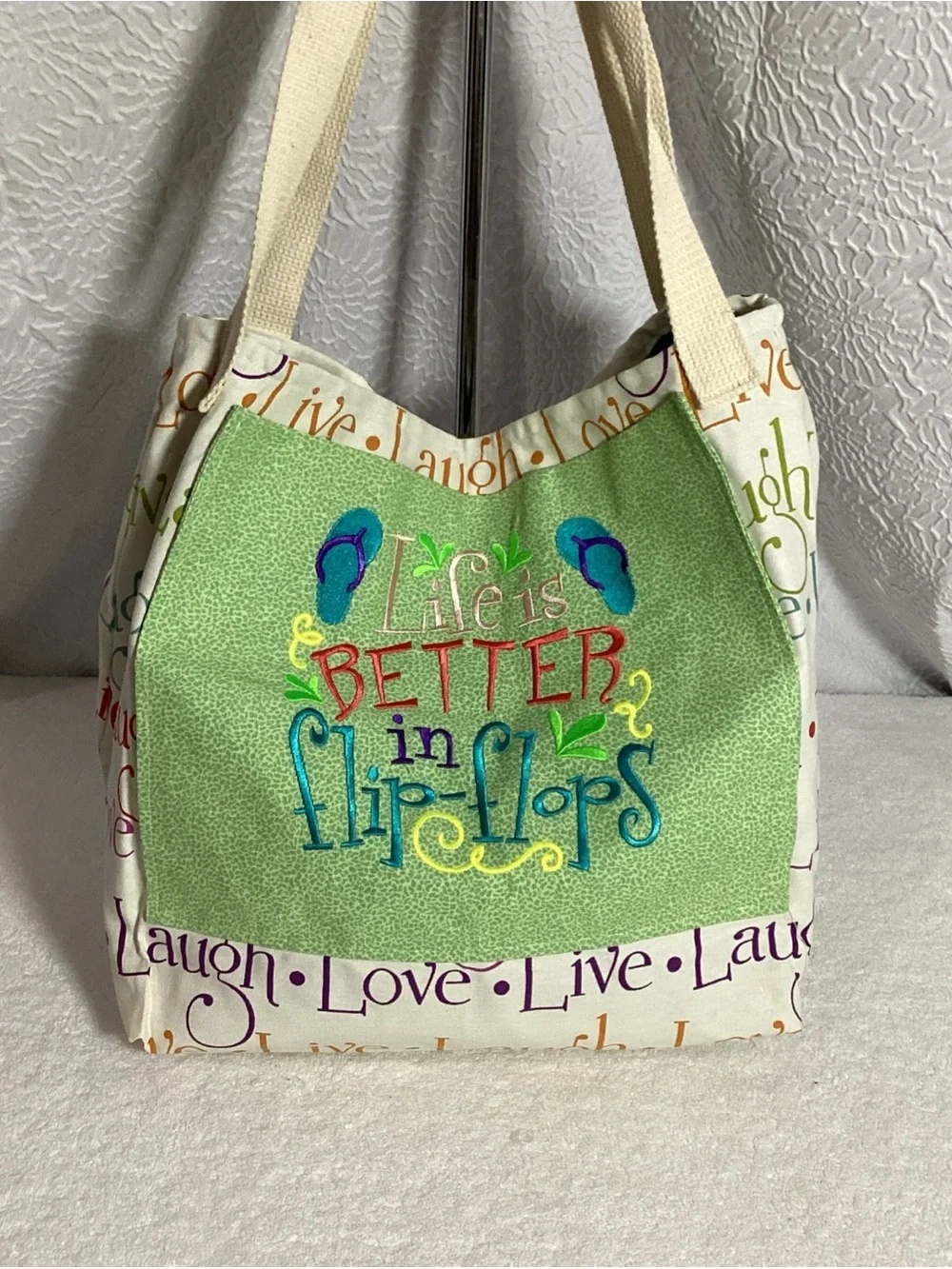 Live Laugh Love Cloth Canvas Shopper Tote “Life is Better in Flip Flops” NWOT - Picture 2 of 12